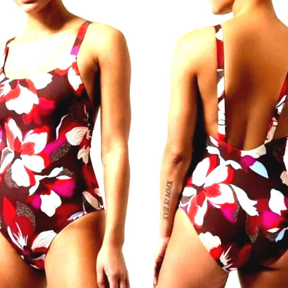 ATHLETA NWT Women Medium Hermosa One Piece Swimsuit Hero Bloom Floral Brown Pink